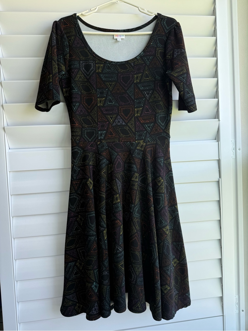 LuLaRoe Black Midi Dress with Multicolor Geometric Print